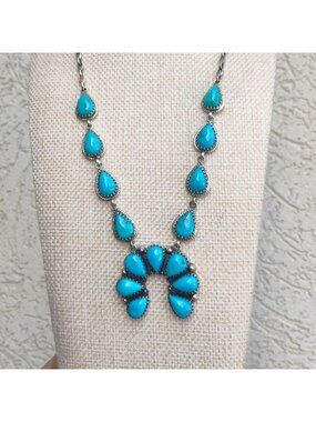 Gorgeous Kingman Turquoise Sterling Silver Naja Squash Blossom Necklace